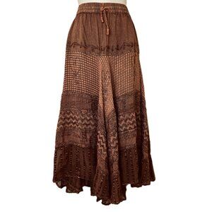 Papa Brand Tiered Maxi Skirt Embroidered Patchwork Rust Orange Elastic Waist XL